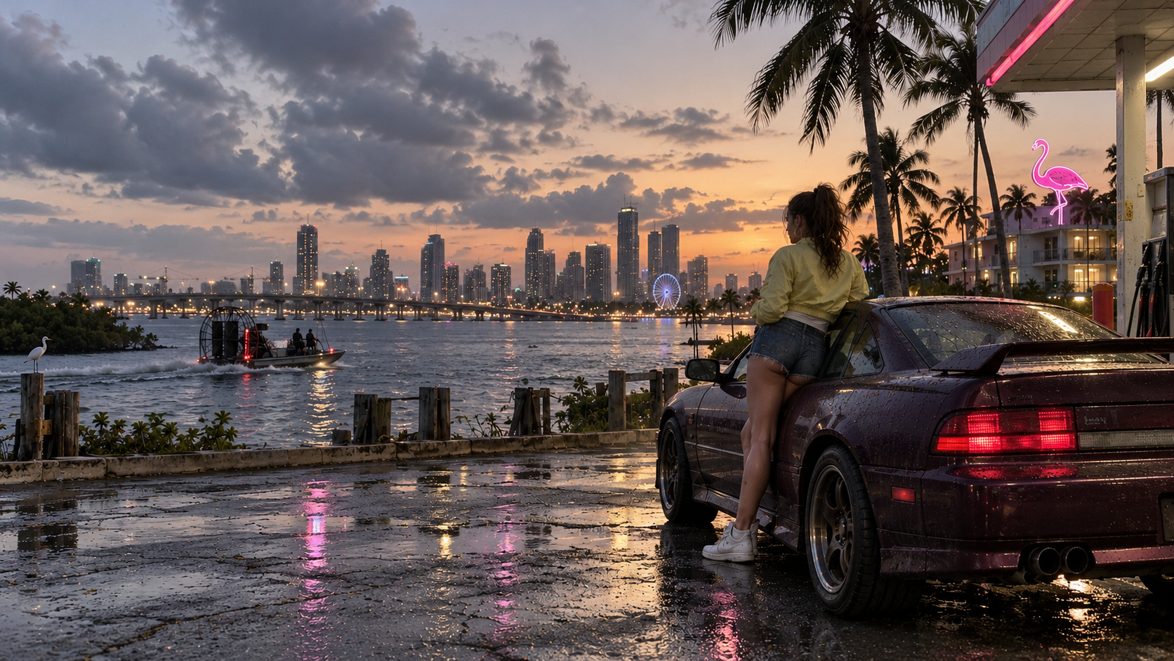 Waterfront city at sunset with a purple sports car and palm trees